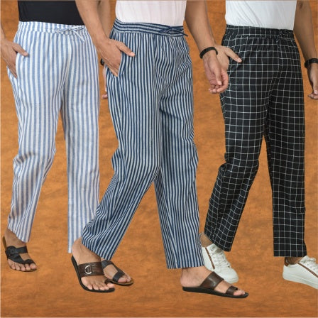 COMBO OF 3 MEN STRIPE COTTON HANDLOOM PANT BLUE BLACK AND BLUE-15235