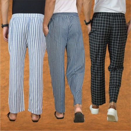 COMBO OF 3 MEN STRIPE COTTON HANDLOOM PANT BLUE BLACK AND BLUE-15235