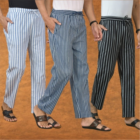 COMBO OF 3 MEN STRIPE COTTON HANDLOOM PANT BLUE BLACK AND BLUE-15242
