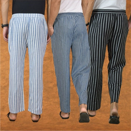 COMBO OF 3 MEN STRIPE COTTON HANDLOOM PANT BLUE BLACK AND BLUE-15242