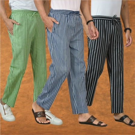 COMBO OF 3 MEN STRIPE COTTON HANDLOOM PANT BLUE BLACK AND OLIVE GREEN-15378