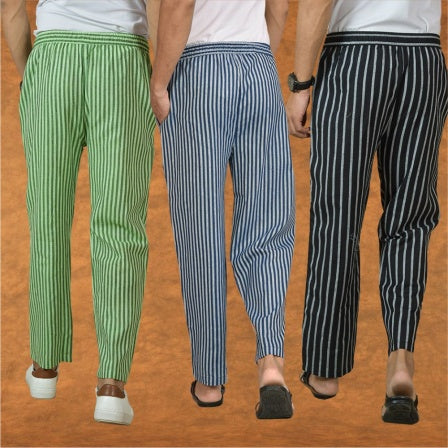 COMBO OF 3 MEN STRIPE COTTON HANDLOOM PANT BLUE BLACK AND OLIVE GREEN-15378