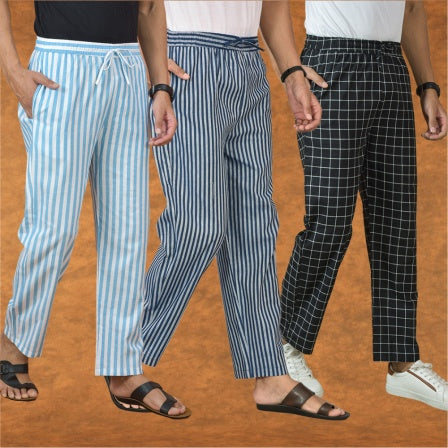 COMBO OF 3 MEN STRIPE COTTON HANDLOOM PANT BLUE BLACK AND SKY BLUE-15168
