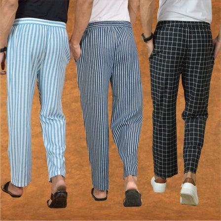 COMBO OF 3 MEN STRIPE COTTON HANDLOOM PANT BLUE BLACK AND SKY BLUE-15168
