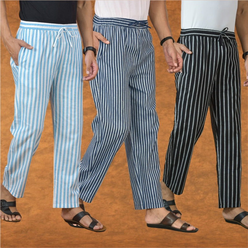 COMBO OF 3 MEN STRIPE COTTON HANDLOOM PANT BLUE BLACK AND SKY BLUE-15175