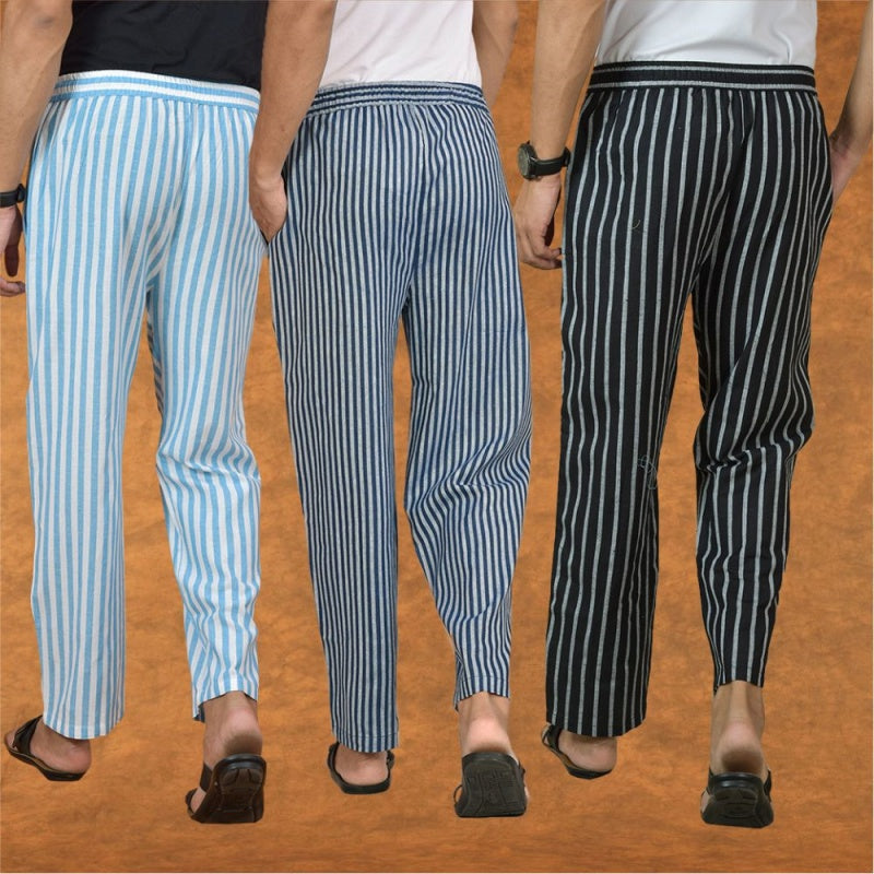 COMBO OF 3 MEN STRIPE COTTON HANDLOOM PANT BLUE BLACK AND SKY BLUE-15175