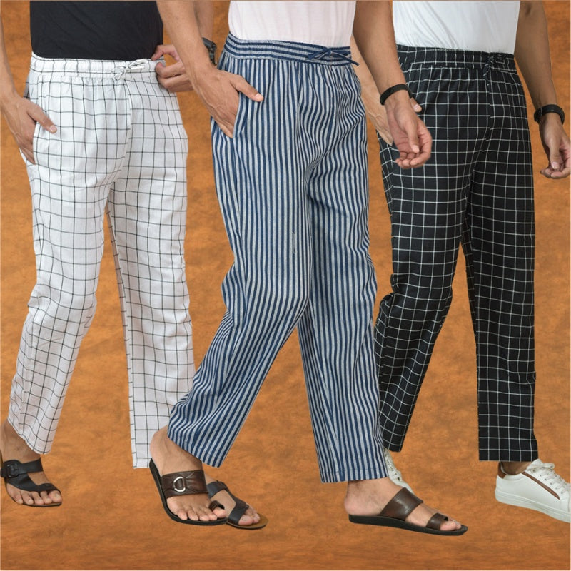 COMBO OF 3 MEN STRIPE COTTON HANDLOOM PANT BLUE BLACK AND WHITE-15290