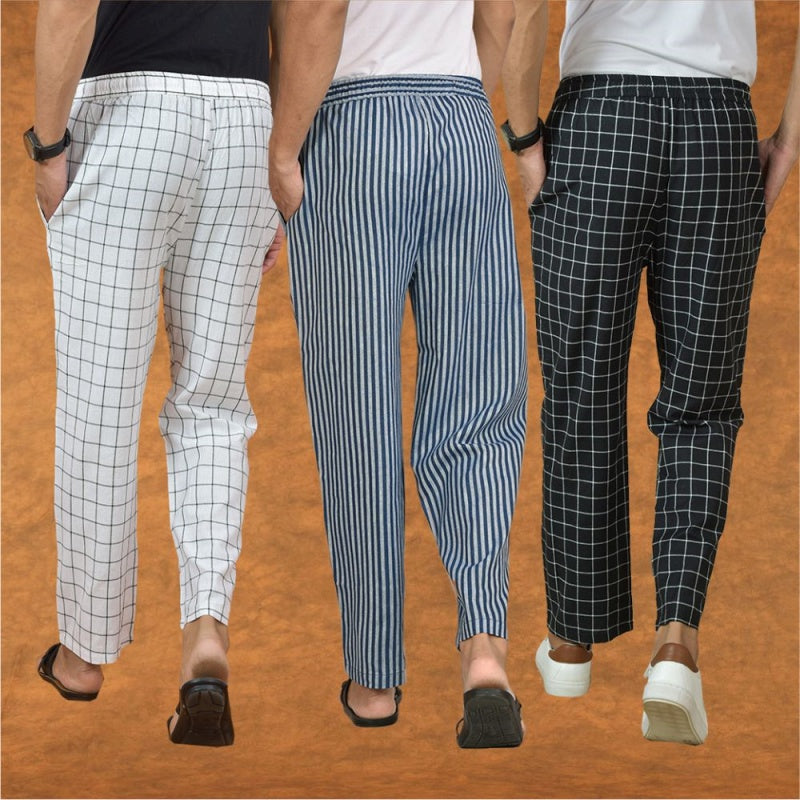 COMBO OF 3 MEN STRIPE COTTON HANDLOOM PANT BLUE BLACK AND WHITE-15290