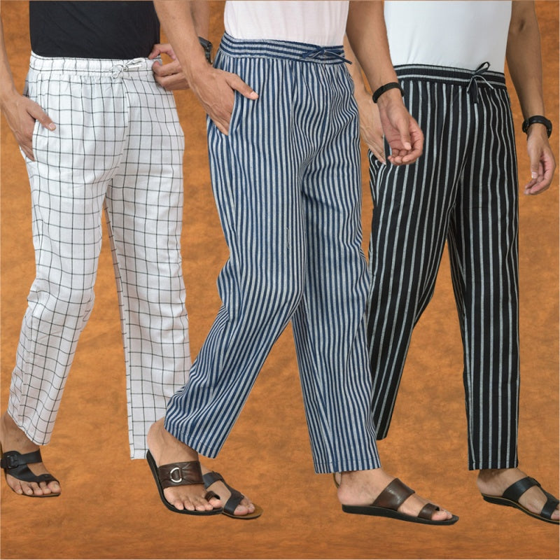 COMBO OF 3 MEN STRIPE COTTON HANDLOOM PANT BLUE BLACK AND WHITE-15297