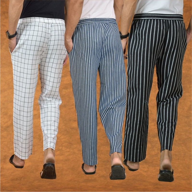 COMBO OF 3 MEN STRIPE COTTON HANDLOOM PANT BLUE BLACK AND WHITE-15297
