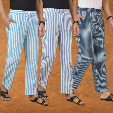 COMBO OF 3 MEN STRIPE COTTON HANDLOOM PANT BLUE BLUE AND SKY BLUE-15130