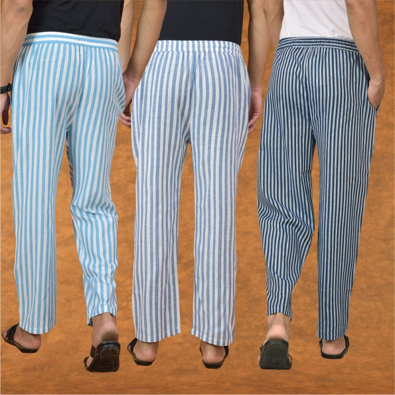 COMBO OF 3 MEN STRIPE COTTON HANDLOOM PANT BLUE BLUE AND SKY BLUE-15130