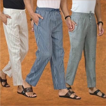 COMBO OF 3 MEN STRIPE COTTON HANDLOOM PANT BLUE GRAY AND BEIGE-15348