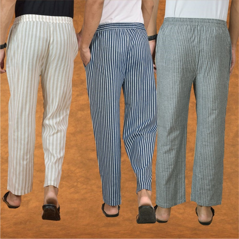 COMBO OF 3 MEN STRIPE COTTON HANDLOOM PANT BLUE GRAY AND BEIGE-15348