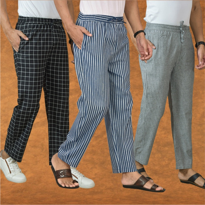 COMBO OF 3 MEN STRIPE COTTON HANDLOOM PANT BLUE GRAY AND BLACK-15412