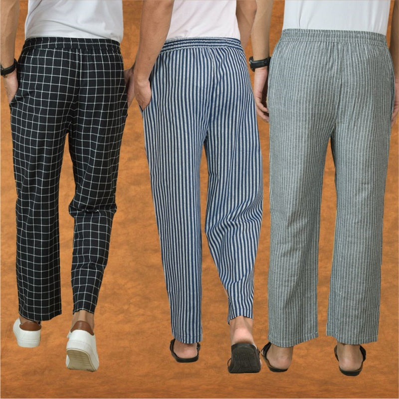 COMBO OF 3 MEN STRIPE COTTON HANDLOOM PANT BLUE GRAY AND BLACK-15412