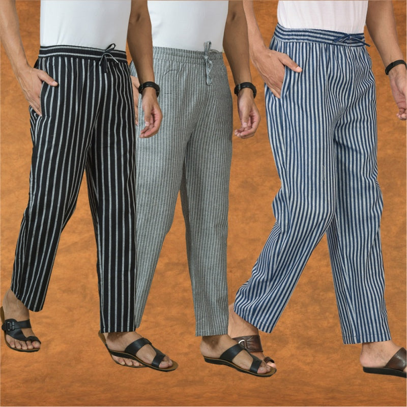 COMBO OF 3 MEN STRIPE COTTON HANDLOOM PANT BLUE GRAY AND BLACK-15433