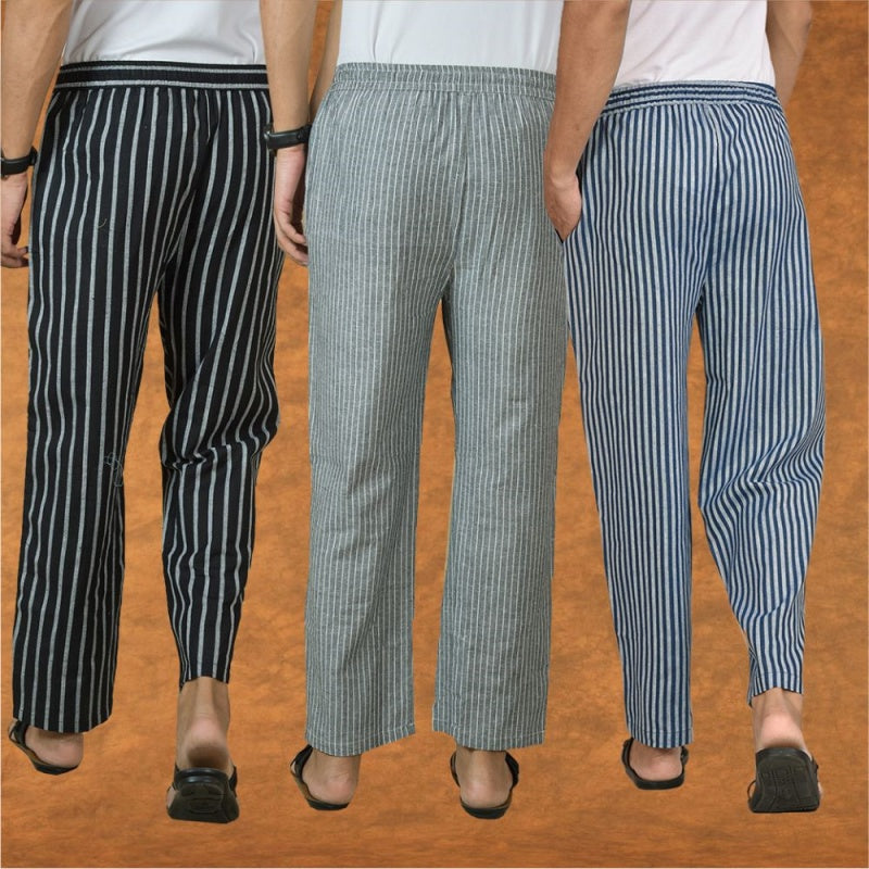 COMBO OF 3 MEN STRIPE COTTON HANDLOOM PANT BLUE GRAY AND BLACK-15433