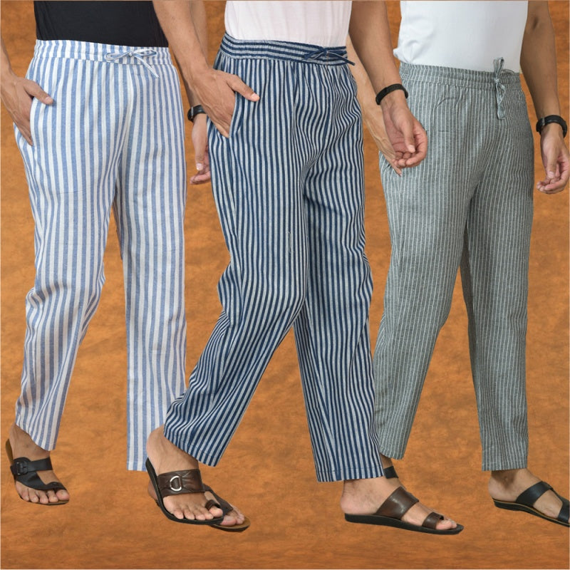 COMBO OF 3 MEN STRIPE COTTON HANDLOOM PANT BLUE GRAY AND BLUE-15248
