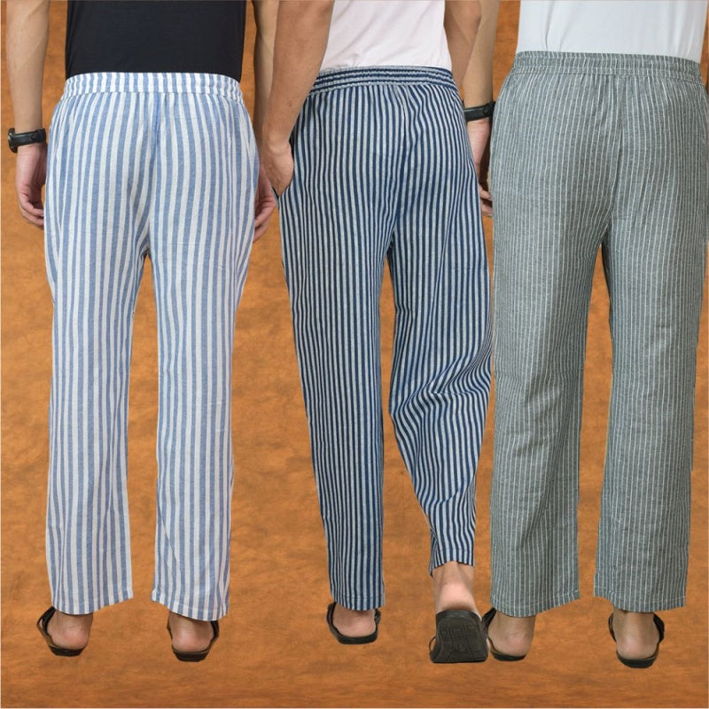 COMBO OF 3 MEN STRIPE COTTON HANDLOOM PANT BLUE GRAY AND BLUE-15248
