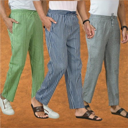 COMBO OF 3 MEN STRIPE COTTON HANDLOOM PANT BLUE GRAY AND OLIVE GREEN-15384