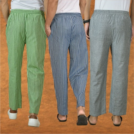 COMBO OF 3 MEN STRIPE COTTON HANDLOOM PANT BLUE GRAY AND OLIVE GREEN-15384