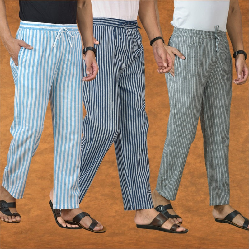 COMBO OF 3 MEN STRIPE COTTON HANDLOOM PANT BLUE GRAY AND SKY BLUE-15181