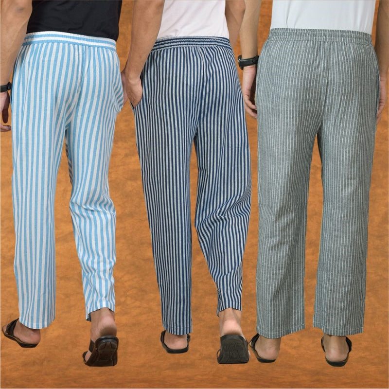 COMBO OF 3 MEN STRIPE COTTON HANDLOOM PANT BLUE GRAY AND SKY BLUE-15181