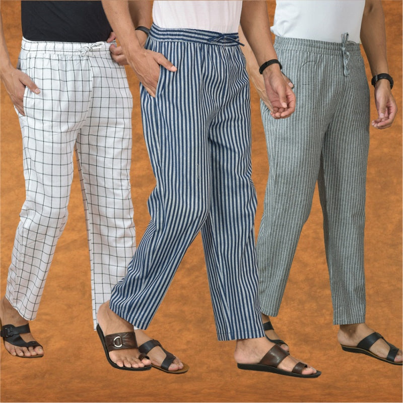 COMBO OF 3 MEN STRIPE COTTON HANDLOOM PANT BLUE GRAY AND WHITE-15303