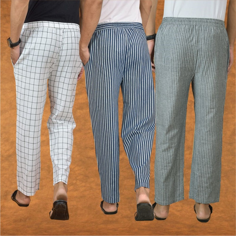 COMBO OF 3 MEN STRIPE COTTON HANDLOOM PANT BLUE GRAY AND WHITE-15303