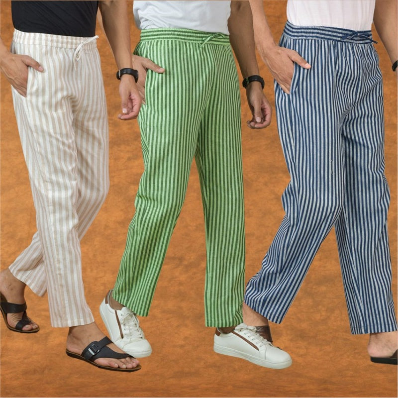 COMBO OF 3 MEN STRIPE COTTON HANDLOOM PANT BLUE OLIVE GREEN AND BEIGE-15327