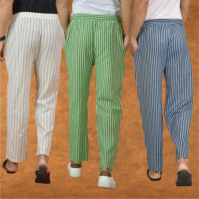 COMBO OF 3 MEN STRIPE COTTON HANDLOOM PANT BLUE OLIVE GREEN AND BEIGE-15327