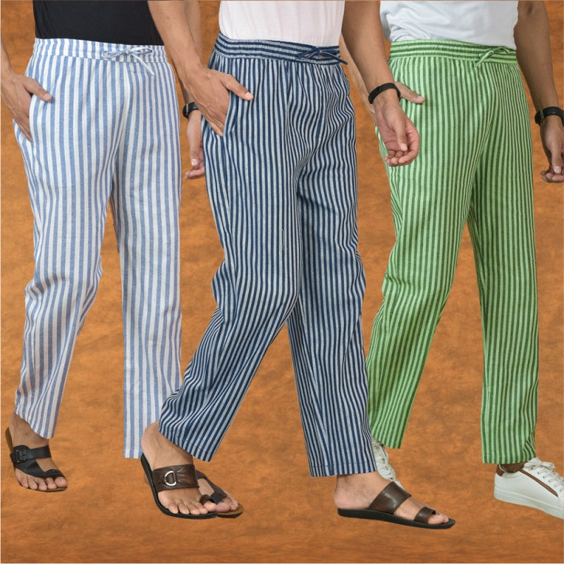 COMBO OF 3 MEN STRIPE COTTON HANDLOOM PANT BLUE OLIVE GREEN AND BLUE-15227