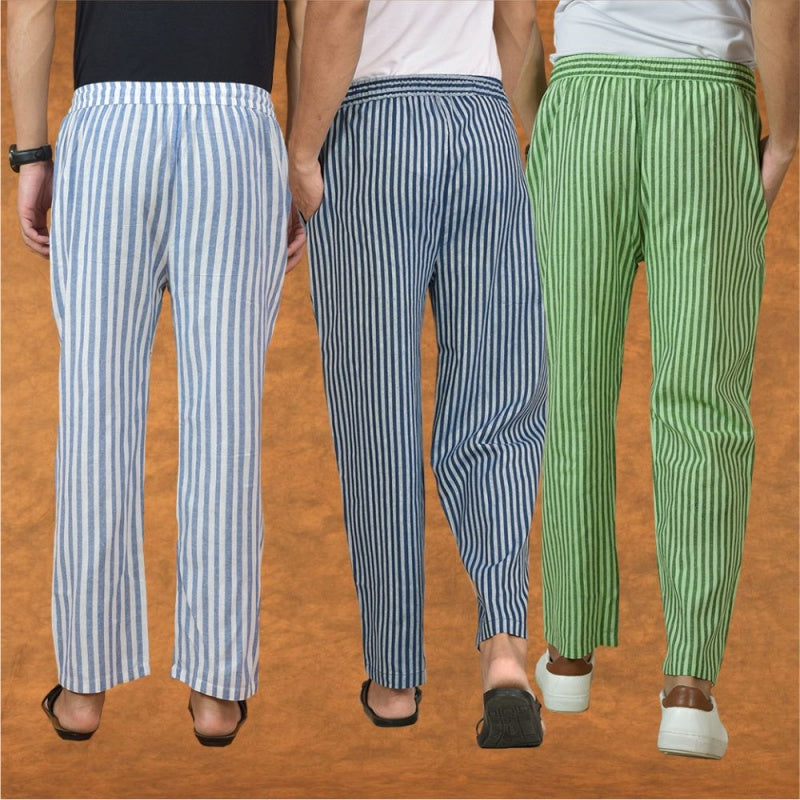 COMBO OF 3 MEN STRIPE COTTON HANDLOOM PANT BLUE OLIVE GREEN AND BLUE-15227