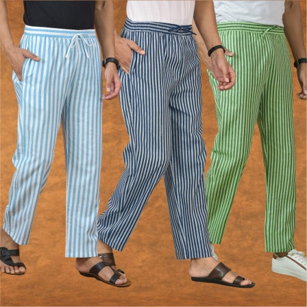 COMBO OF 3 MEN STRIPE COTTON HANDLOOM PANT BLUE OLIVE GREEN AND SKY BLUE-15160
