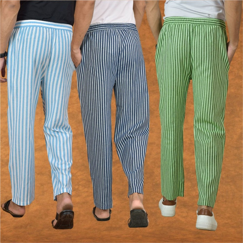 COMBO OF 3 MEN STRIPE COTTON HANDLOOM PANT BLUE OLIVE GREEN AND SKY BLUE-15160
