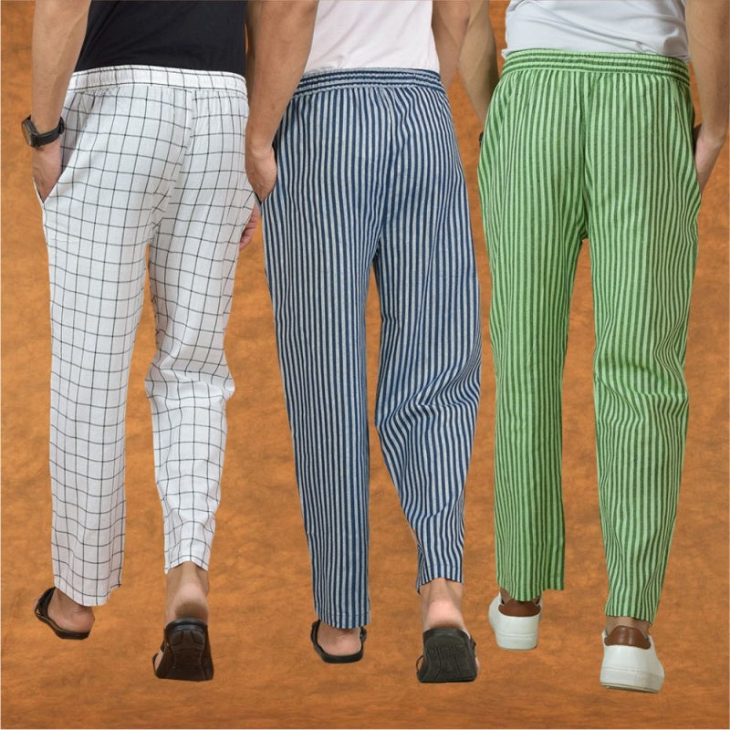 COMBO OF 3 MEN STRIPE COTTON HANDLOOM PANT BLUE OLIVE GREEN AND WHITE-15282