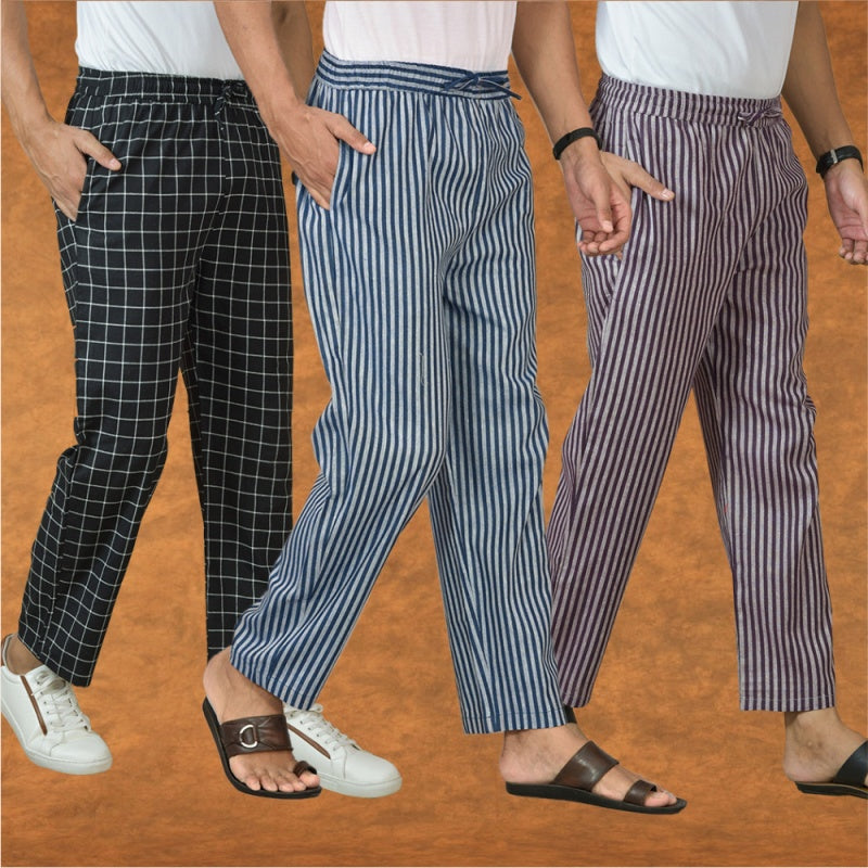 COMBO OF 3 MEN STRIPE COTTON HANDLOOM PANT BLUE PURPLE AND BLACK-15417