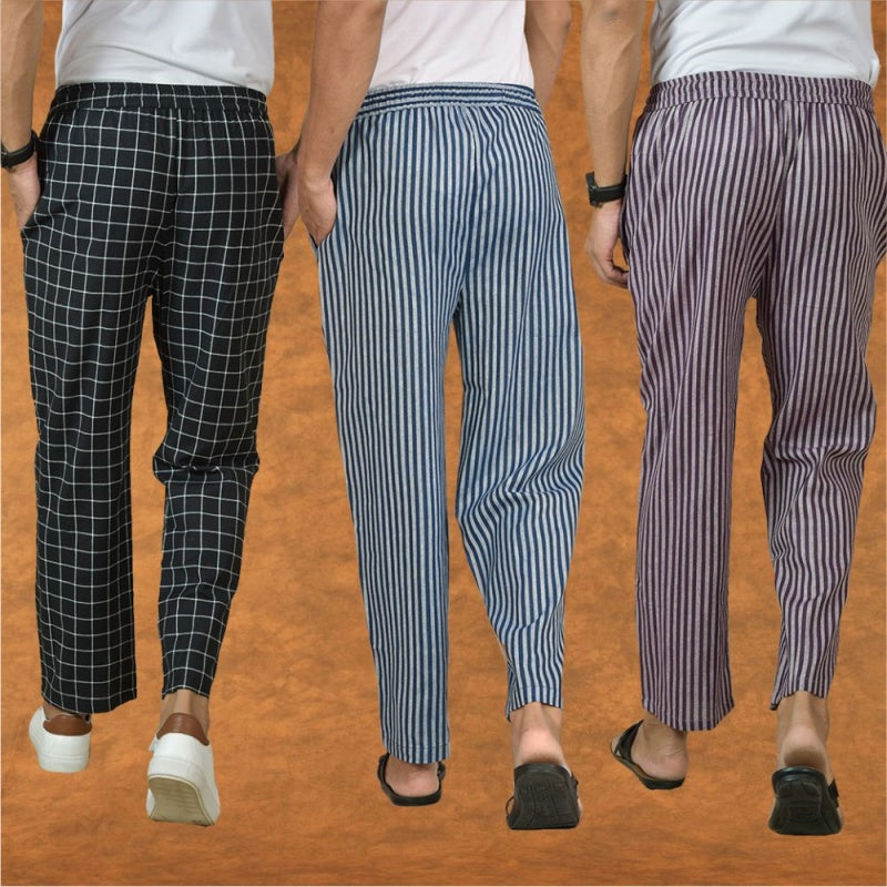 COMBO OF 3 MEN STRIPE COTTON HANDLOOM PANT BLUE PURPLE AND BLACK-15417