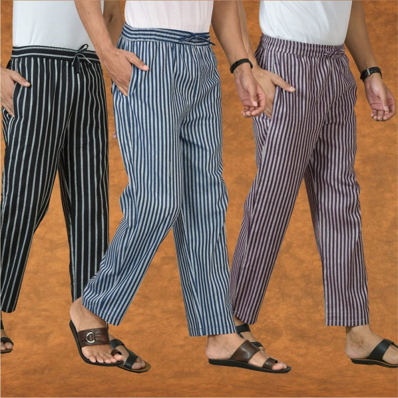 COMBO OF 3 MEN STRIPE COTTON HANDLOOM PANT BLUE PURPLE AND BLACK-15438