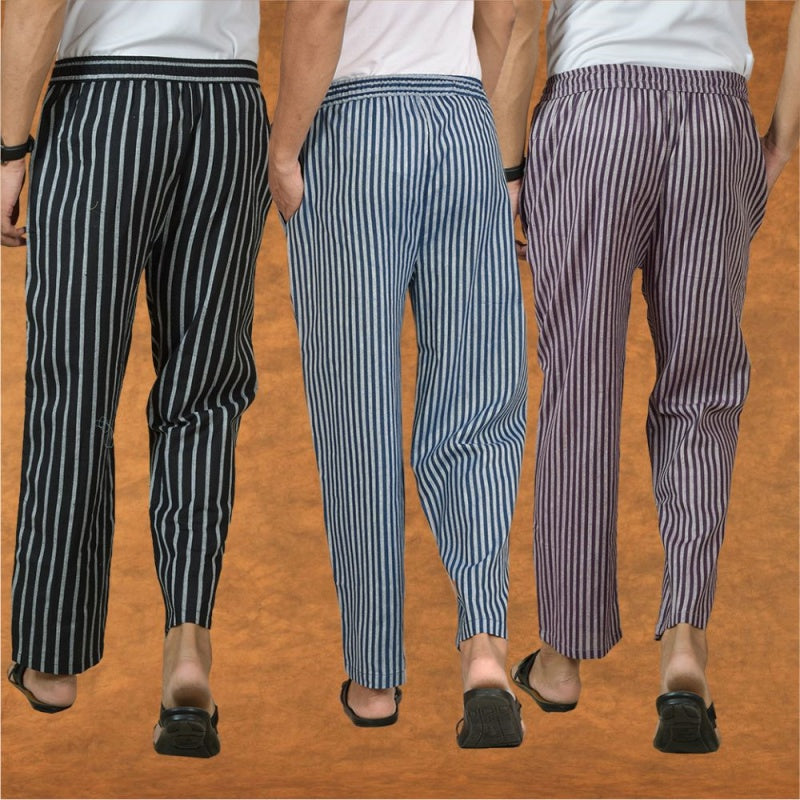 COMBO OF 3 MEN STRIPE COTTON HANDLOOM PANT BLUE PURPLE AND BLACK-15438