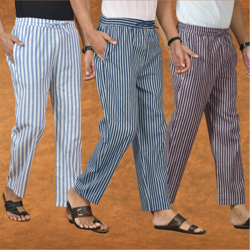 COMBO OF 3 MEN STRIPE COTTON HANDLOOM PANT BLUE PURPLE AND BLUE-15253