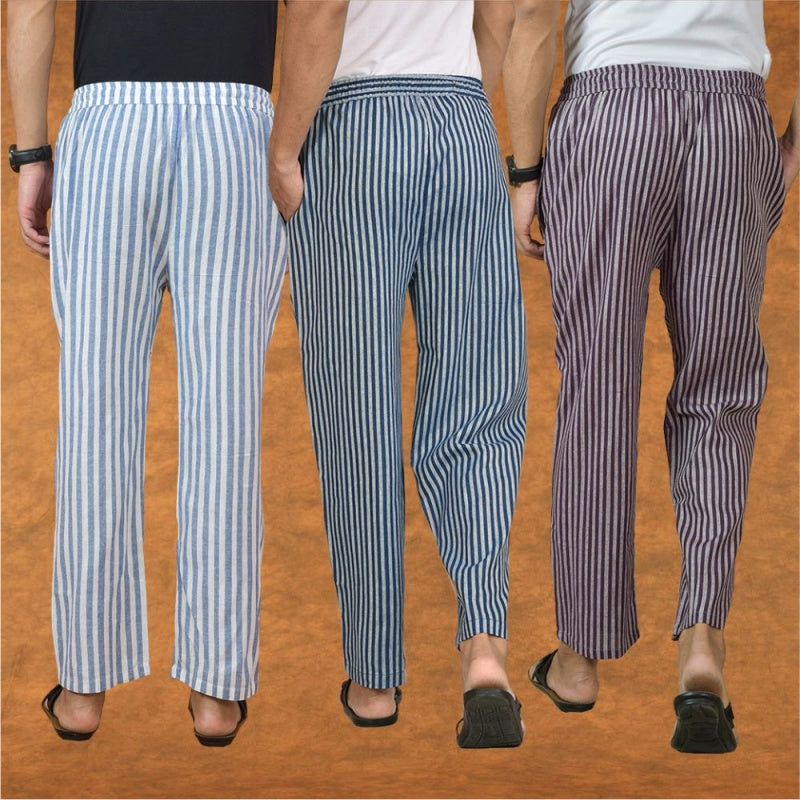 COMBO OF 3 MEN STRIPE COTTON HANDLOOM PANT BLUE PURPLE AND BLUE-15253