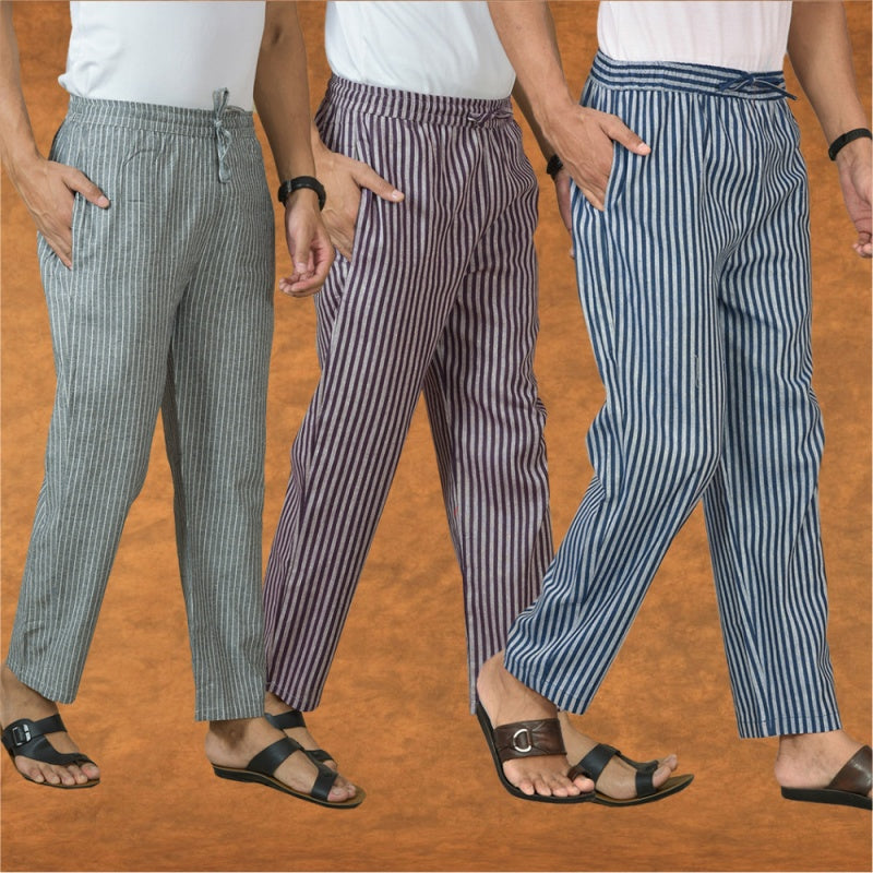 COMBO OF 3 MEN STRIPE COTTON HANDLOOM PANT BLUE PURPLE AND GRAY-15453
