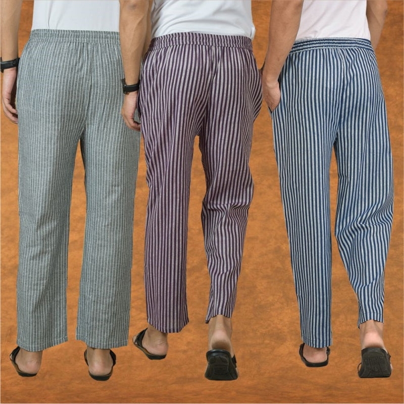 COMBO OF 3 MEN STRIPE COTTON HANDLOOM PANT BLUE PURPLE AND GRAY-15453