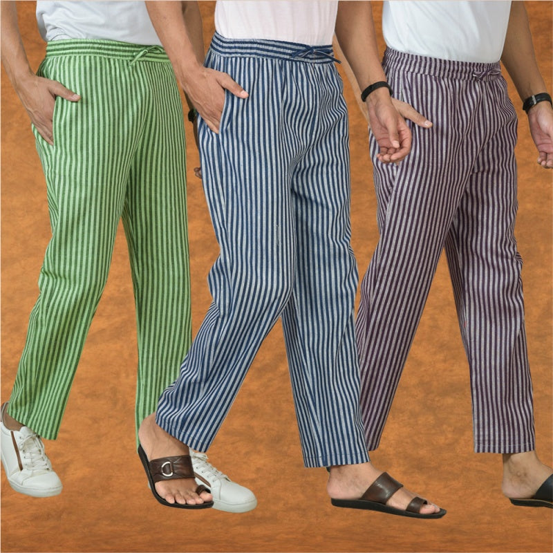 COMBO OF 3 MEN STRIPE COTTON HANDLOOM PANT BLUE PURPLE AND OLIVE GREEN-15389