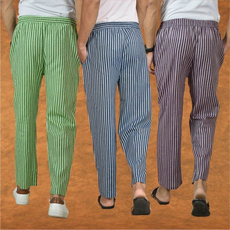 COMBO OF 3 MEN STRIPE COTTON HANDLOOM PANT BLUE PURPLE AND OLIVE GREEN-15389