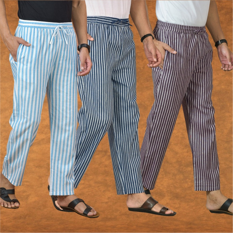 COMBO OF 3 MEN STRIPE COTTON HANDLOOM PANT BLUE PURPLE AND SKY BLUE-15186