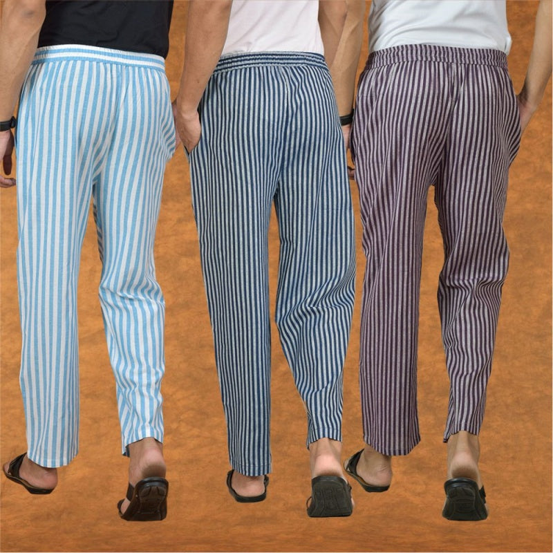 COMBO OF 3 MEN STRIPE COTTON HANDLOOM PANT BLUE PURPLE AND SKY BLUE-15186
