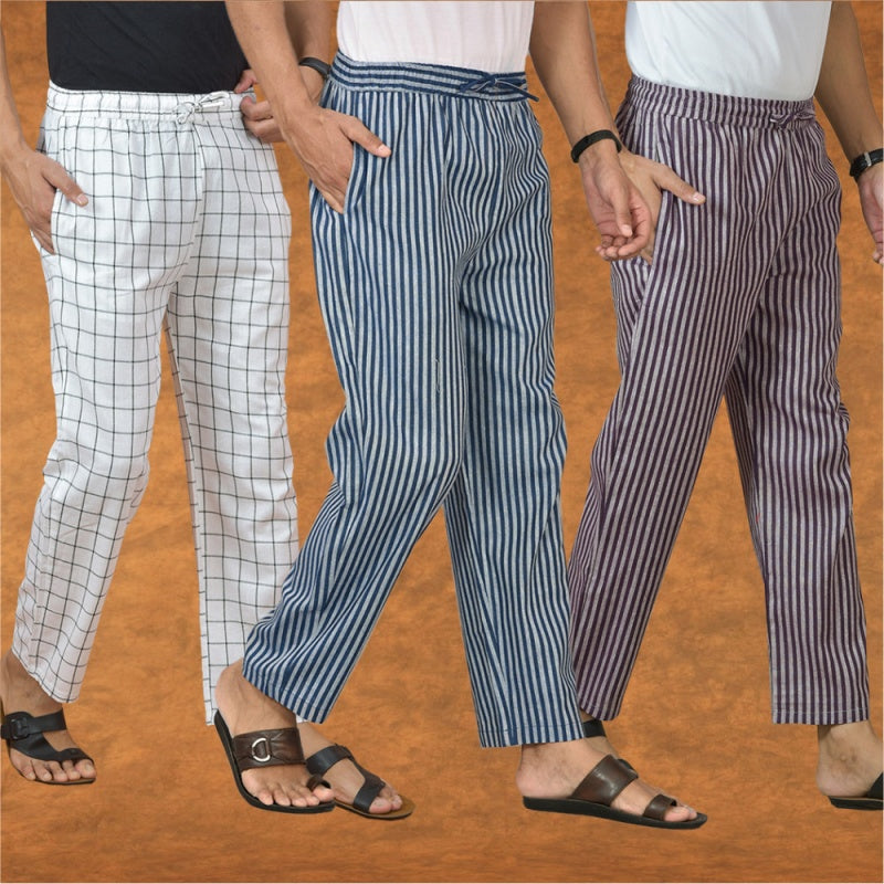 COMBO OF 3 MEN STRIPE COTTON HANDLOOM PANT BLUE PURPLE AND WHITE-15308